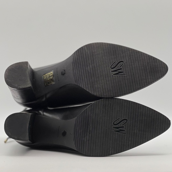 Stuart Weitzman Gardiner Bow Accent Block Heel Bootie Black Leather Women's 6 - Picture 12 of 13